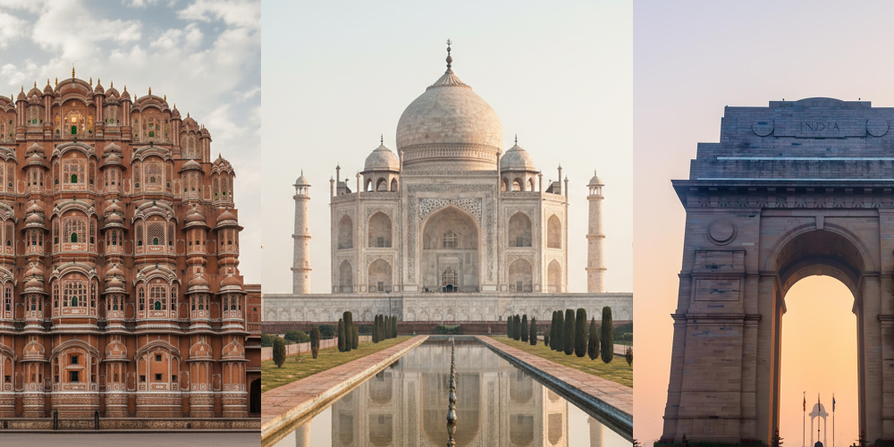 A Golden Triangle India triptych featuring the Hawa Mahal in Jaipur, the Taj Mahal in Agra, and the India Gate in Delhi