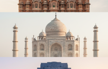 A Golden Triangle India triptych featuring the Hawa Mahal in Jaipur, the Taj Mahal in Agra, and the India Gate in Delhi thumbnail