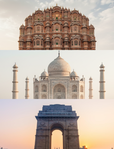 A Golden Triangle India triptych featuring the Hawa Mahal in Jaipur, the Taj Mahal in Agra, and the India Gate in Delhi thumbnail