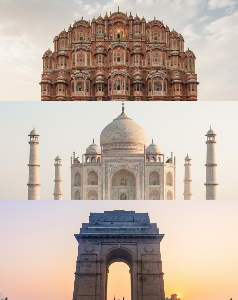 A Golden Triangle India triptych featuring the Hawa Mahal in Jaipur, the Taj Mahal in Agra, and the India Gate in Delhi thumbnail