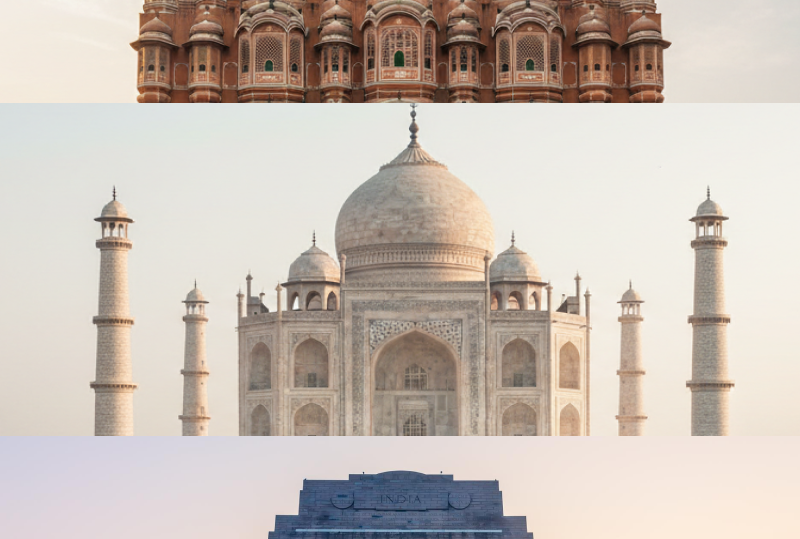A Golden Triangle India triptych featuring the Hawa Mahal in Jaipur, the Taj Mahal in Agra, and the India Gate in Delhi thumbnail