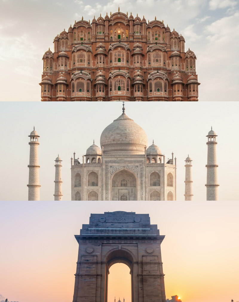 A Golden Triangle India triptych featuring the Hawa Mahal in Jaipur, the Taj Mahal in Agra, and the India Gate in Delhi thumbnail