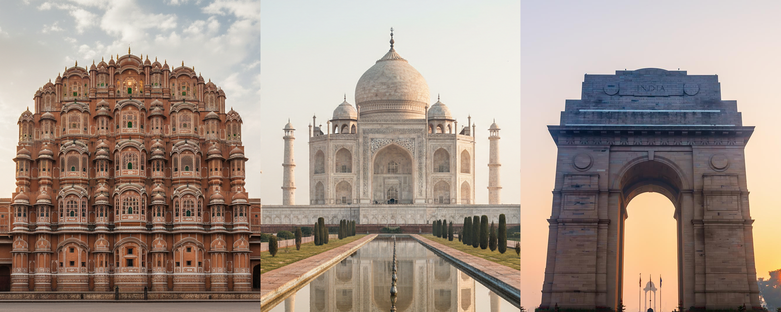 A Golden Triangle India triptych featuring the Hawa Mahal in Jaipur, the Taj Mahal in Agra, and the India Gate in Delhi