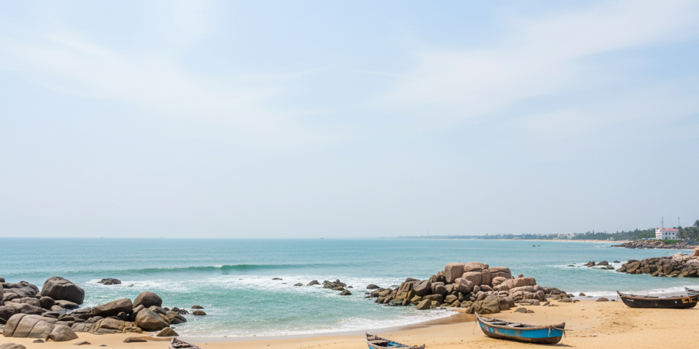 A tranquil sandy beach with wooden fishing boats, rocky outcrops, and calm turquoise waters — a perfect destination for day trips from Pondicherry