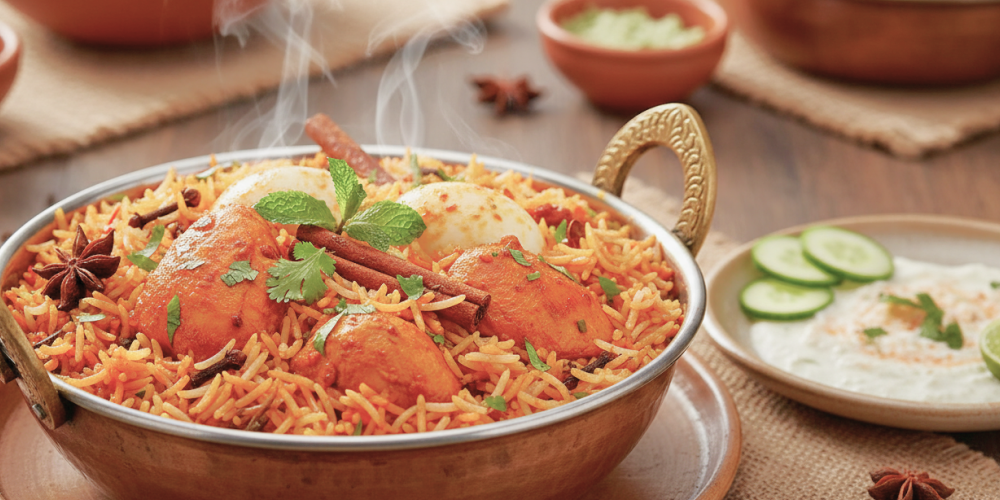 Steaming chicken biryani with basmati rice and spices