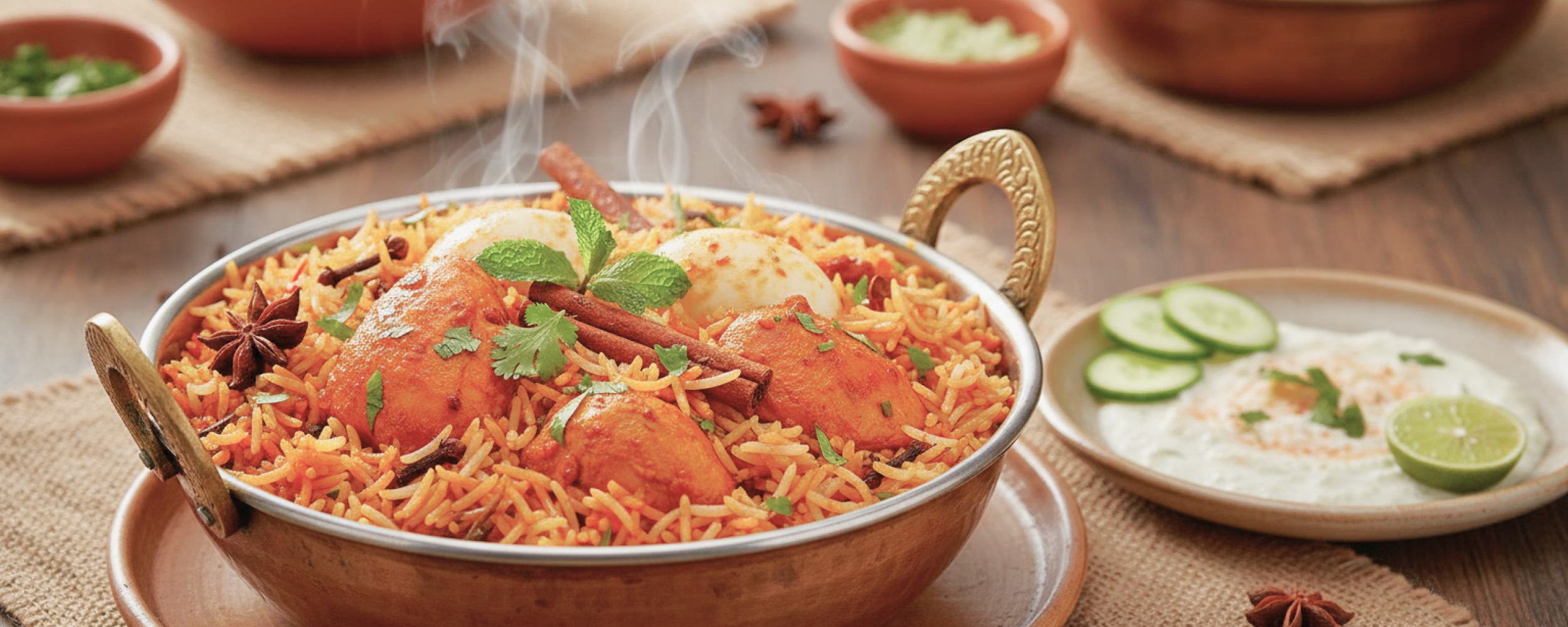 Steaming chicken biryani with basmati rice and spices