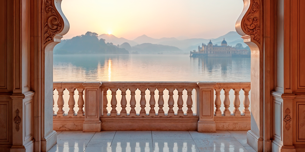 Ornate marble balcony overlooking a misty lake and palace at sunrise — one of the must visit places in India, Udaipur's Lake Palace, Rajasthan