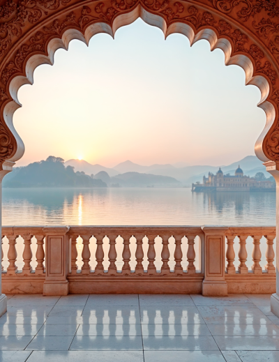 Ornate marble balcony overlooking a misty lake and palace at sunrise — one of the must visit places in India, Udaipur's Lake Palace, Rajasthan thumbnail
