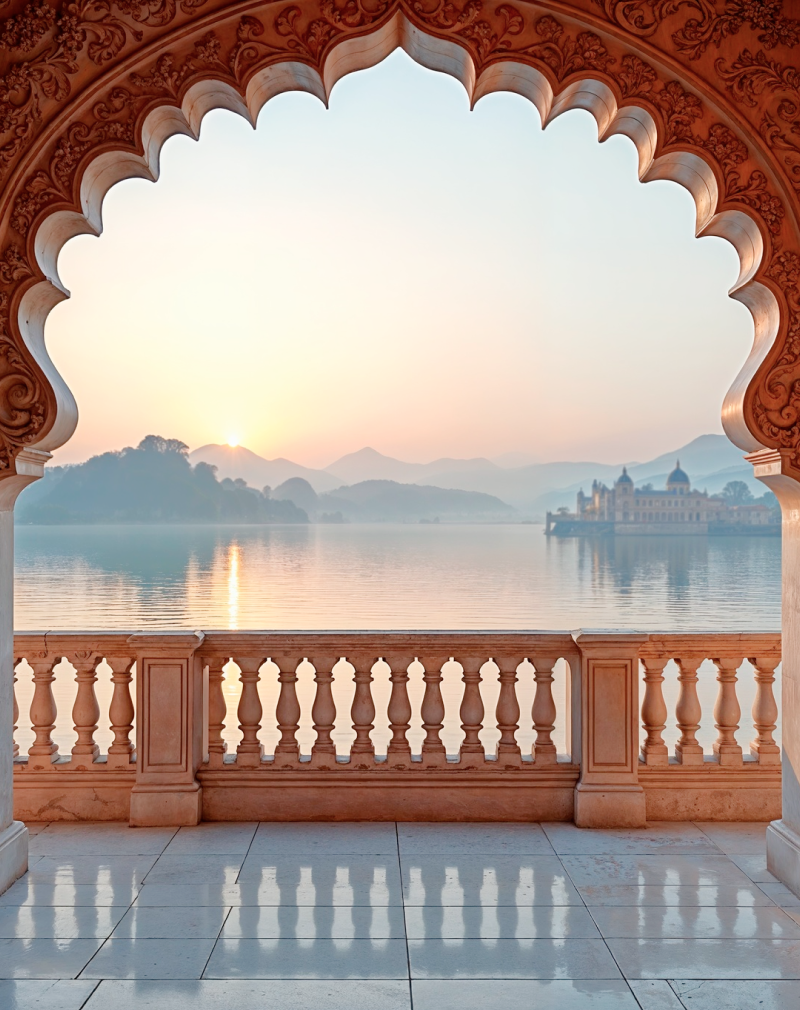 Ornate marble balcony overlooking a misty lake and palace at sunrise — one of the must visit places in India, Udaipur's Lake Palace, Rajasthan thumbnail