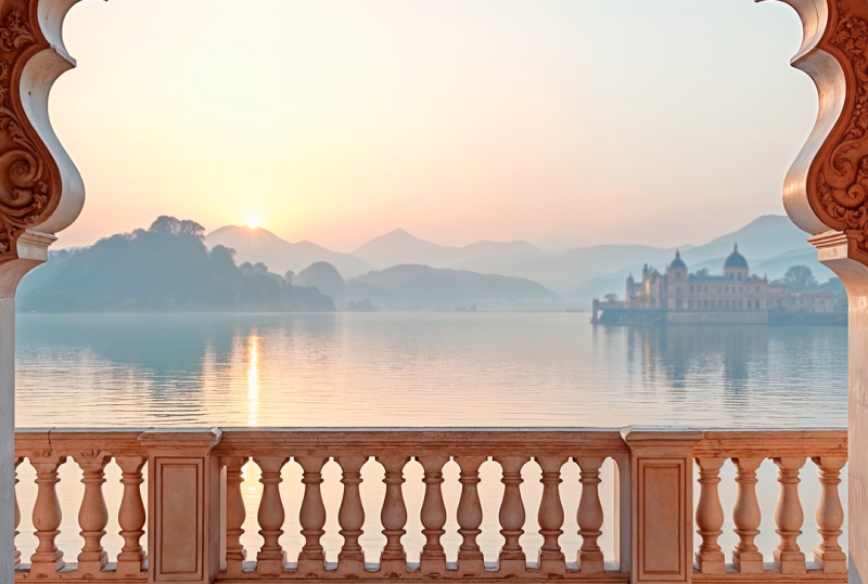 Ornate marble balcony overlooking a misty lake and palace at sunrise — one of the must visit places in India, Udaipur's Lake Palace, Rajasthan thumbnail