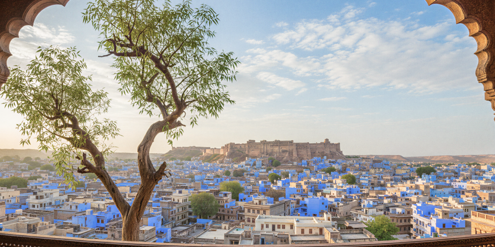 Panoramic view of Jodhpur's blue city and Mehrangarh Fort framed by carved Rajasthani arches — a glimpse into the heart of religious places in Jodhpur