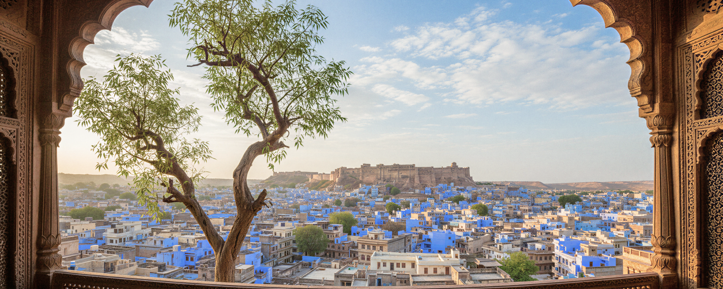 Panoramic view of Jodhpur's blue city and Mehrangarh Fort framed by carved Rajasthani arches — a glimpse into the heart of religious places in Jodhpur