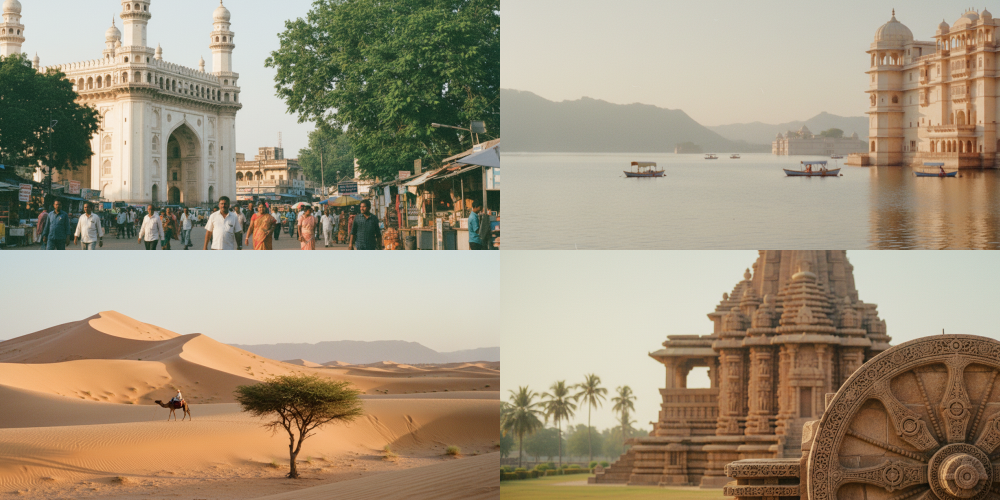 Top places to visit in India including Charminar in Hyderabad, City Palace in Udaipur, Thar Desert dunes, and the Sun Temple at Konark