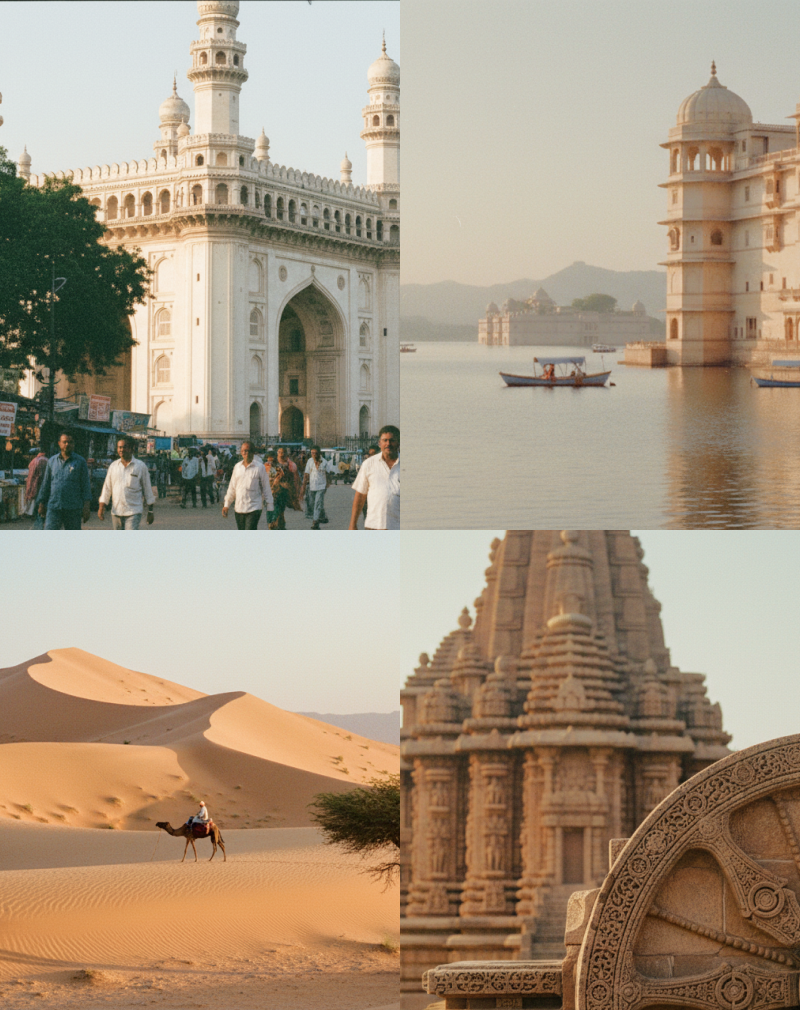 Top places to visit in India including Charminar in Hyderabad, City Palace in Udaipur, Thar Desert dunes, and the Sun Temple at Konark thumbnail