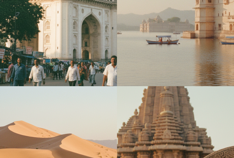 Top places to visit in India including Charminar in Hyderabad, City Palace in Udaipur, Thar Desert dunes, and the Sun Temple at Konark thumbnail