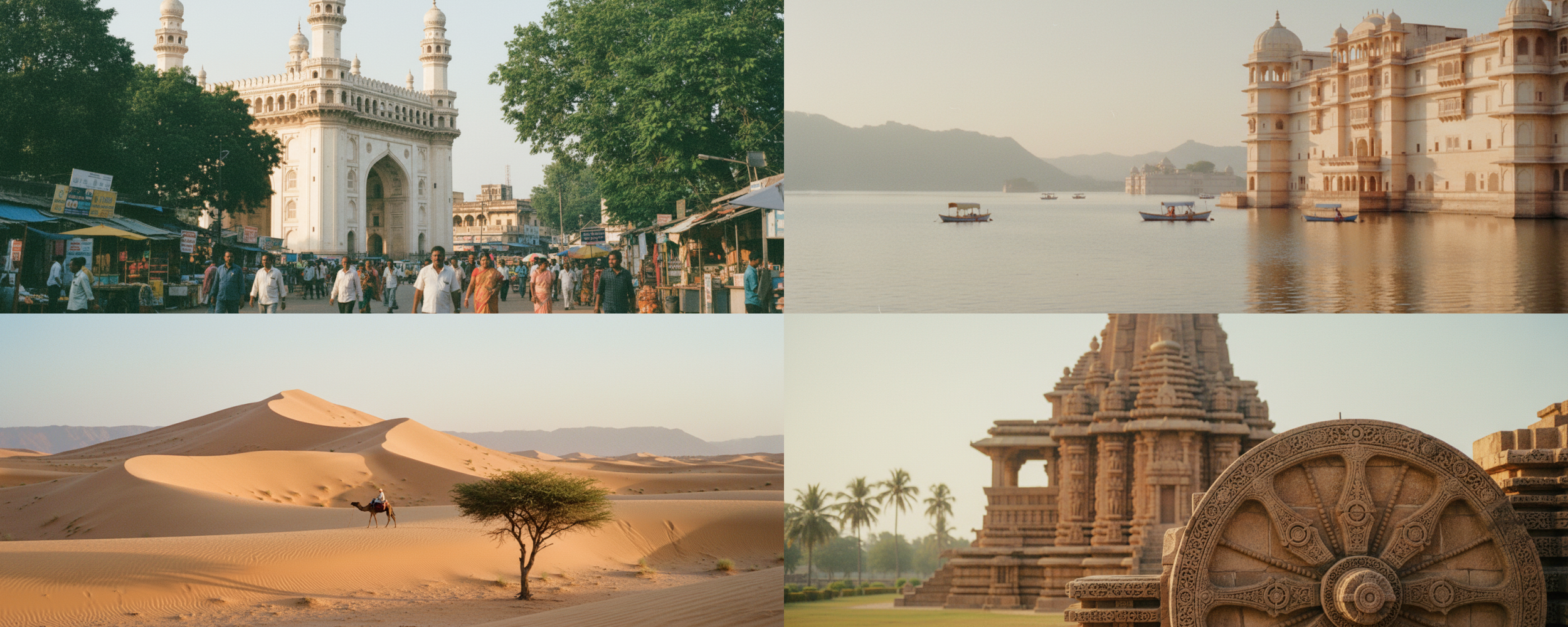 Top places to visit in India including Charminar in Hyderabad, City Palace in Udaipur, Thar Desert dunes, and the Sun Temple at Konark