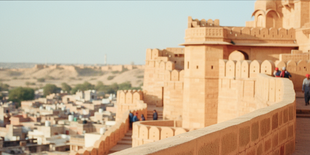 Visitors walking along the ramparts of Jaisalmer Fort, one of the most iconic historical places in India for tourists, overlooking the golden city below