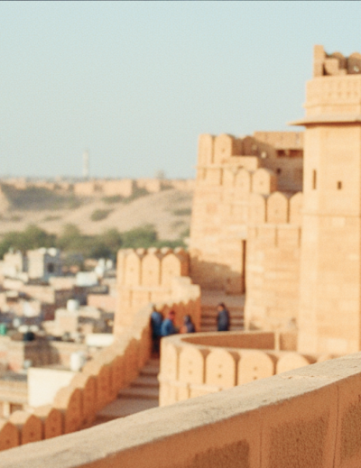 Visitors walking along the ramparts of Jaisalmer Fort, one of the most iconic historical places in India for tourists, overlooking the golden city below thumbnail