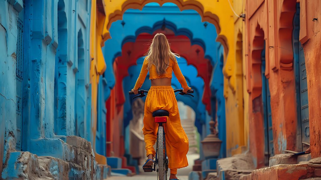 indian woman bicycle ride through colorful streets jodhpur india 1 scaled