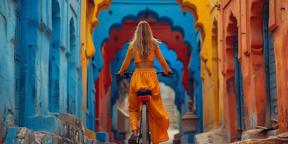indian woman bicycle ride through colorful streets jodhpur india 1 scaled