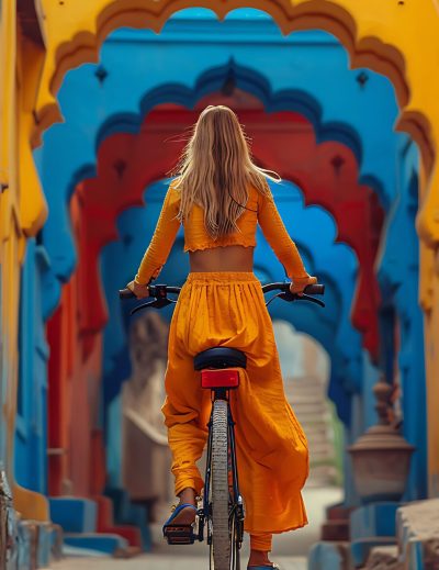 indian woman bicycle ride through colorful streets jodhpur india 1 scaled