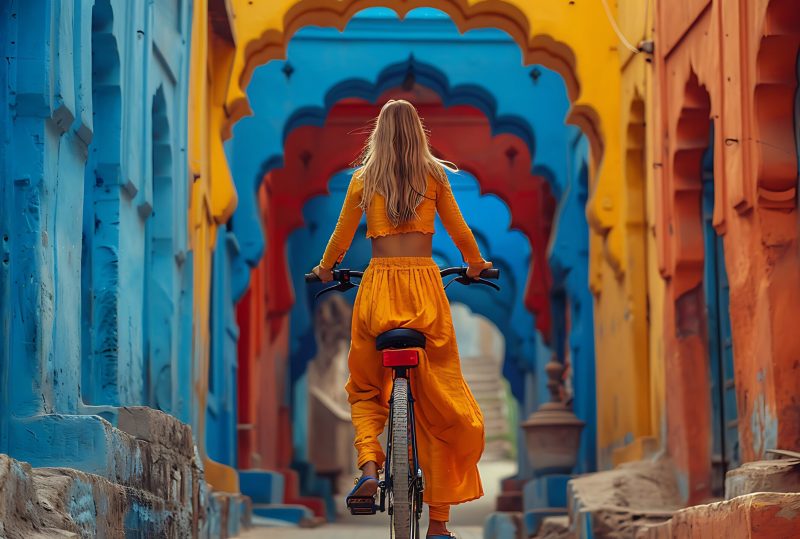 indian woman bicycle ride through colorful streets jodhpur india 1 scaled