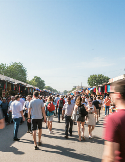 International tourists in India browsing a bustling open air market lined with colourful clothing and handicraft stalls under a clear blue sky thumbnail