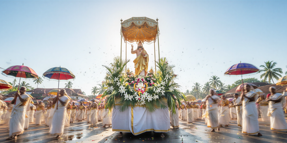 A festive Easter in Kerala procession featuring a floral float with a Jesus statue, devotees in white attire, and colourful ceremonial umbrellas