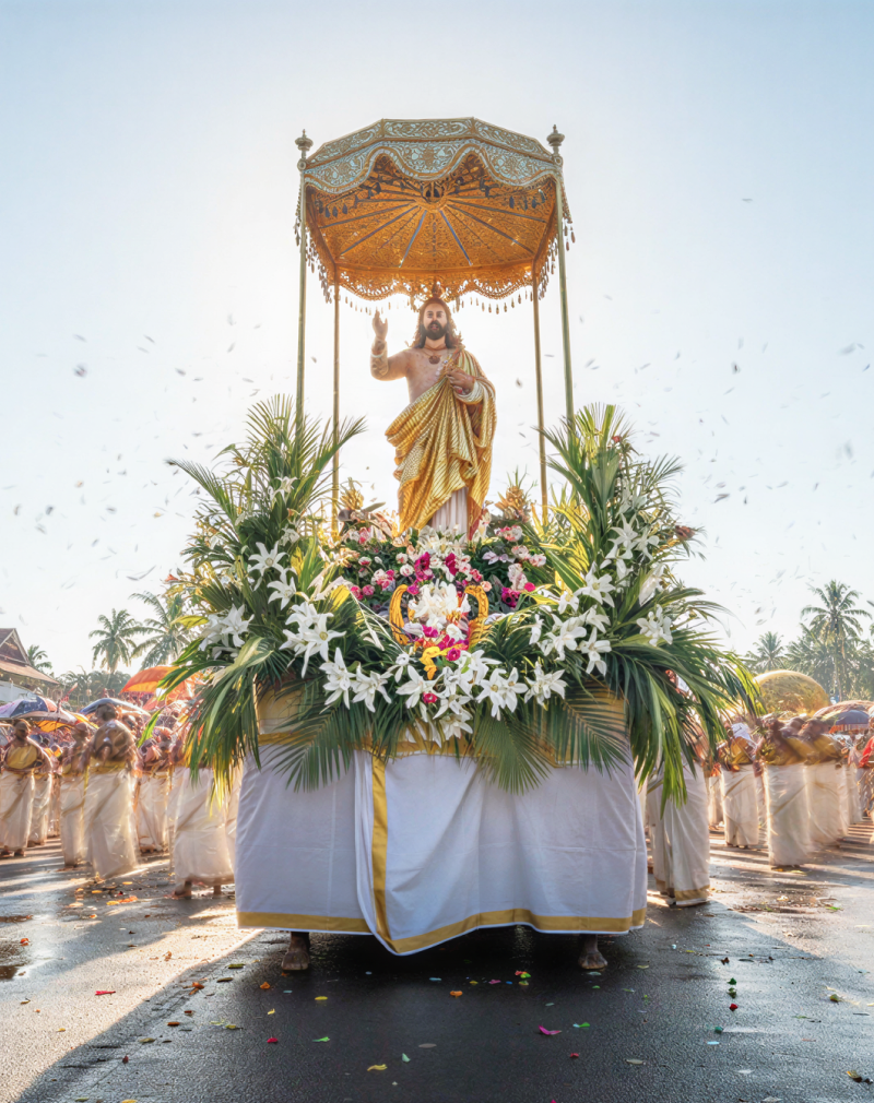A festive Easter in Kerala procession featuring a floral float with a Jesus statue, devotees in white attire, and colourful ceremonial umbrellas thumbnail