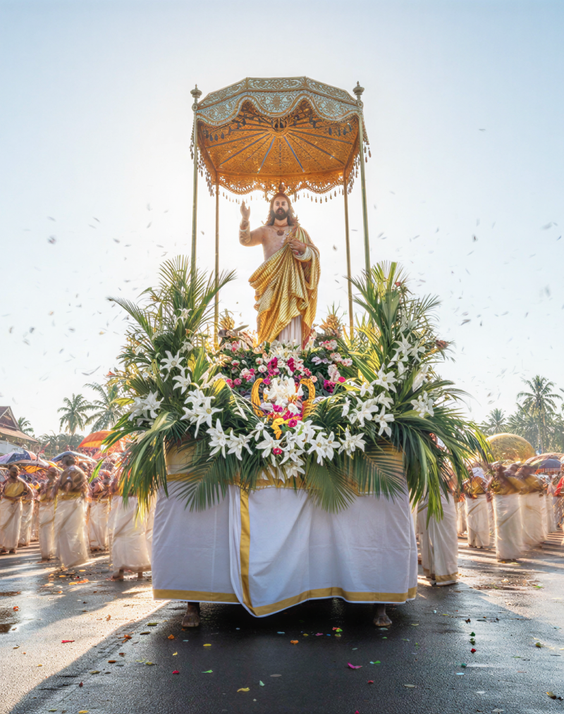 A festive Easter in Kerala procession featuring a floral float with a Jesus statue, devotees in white attire, and colourful ceremonial umbrellas thumbnail
