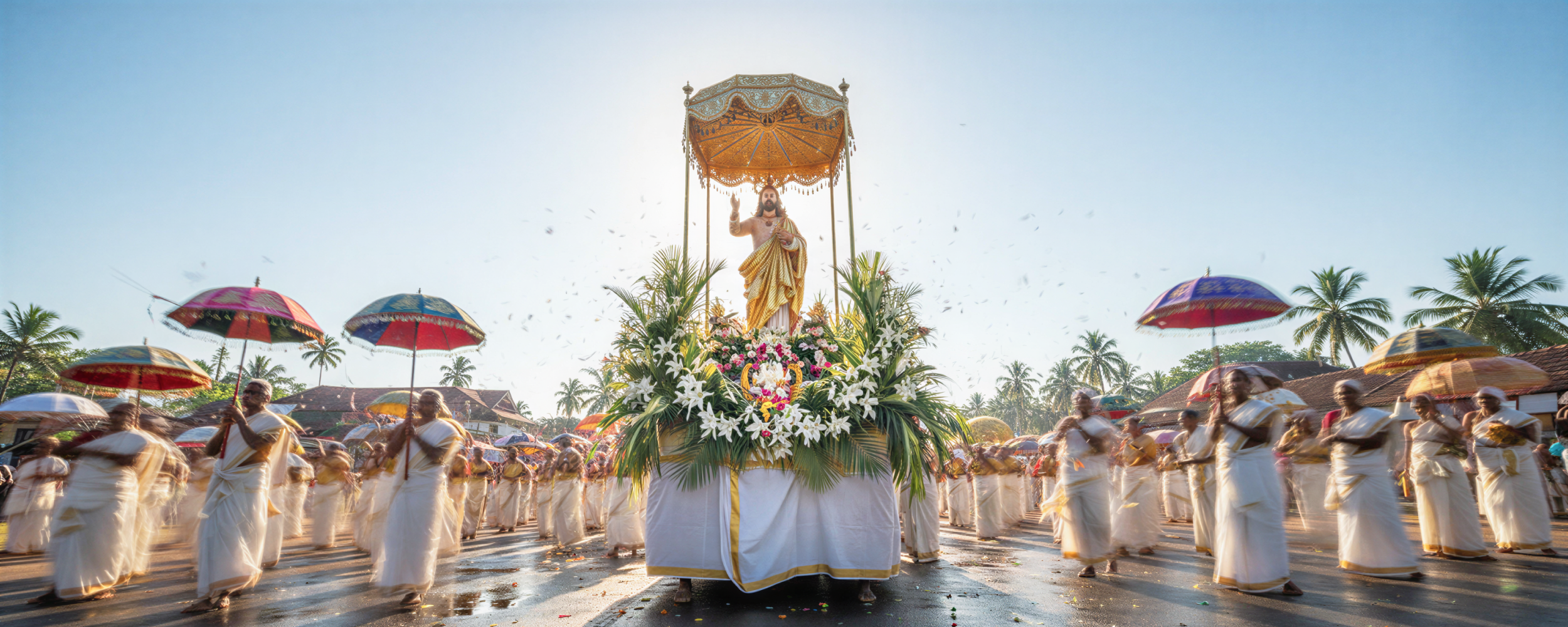 A festive Easter in Kerala procession featuring a floral float with a Jesus statue, devotees in white attire, and colourful ceremonial umbrellas