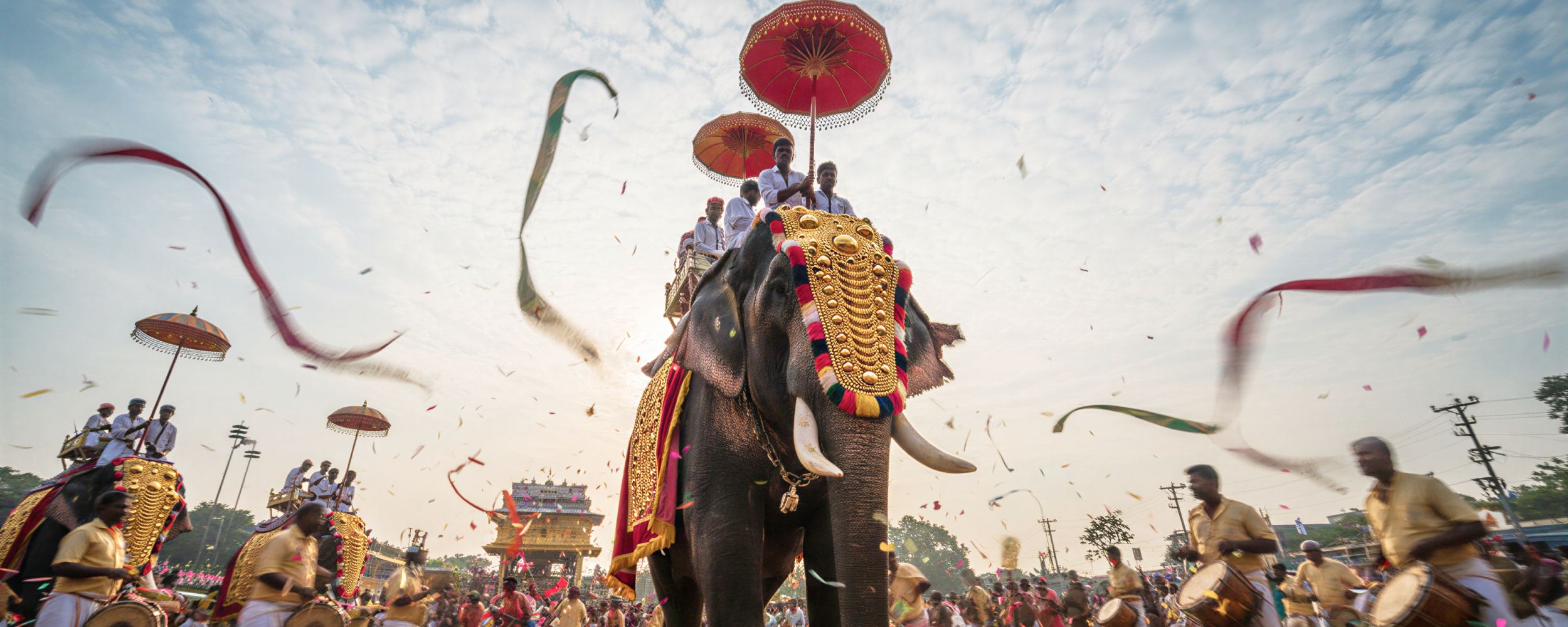 A caparisoned elephant adorned with golden ornaments and colourful garlands at the Thrissur Pooram festival, surrounded by drummers, ceremonial umbrellas, and confetti streamers
