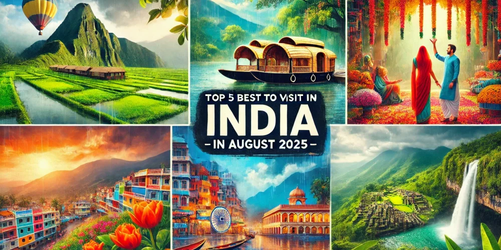 DALL·E 2025 07 23 13.24.48 A vibrant landscape oriented collage style image showing the top 5 travel destinations in India during August. Include lush green landscapes of Kerala
