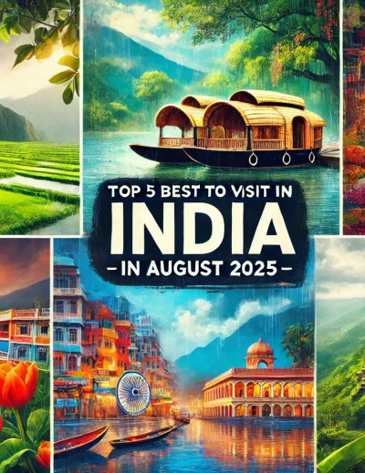DALL·E 2025 07 23 13.24.48 A vibrant landscape oriented collage style image showing the top 5 travel destinations in India during August. Include lush green landscapes of Kerala