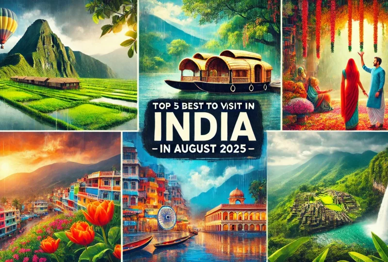 DALL·E 2025 07 23 13.24.48 A vibrant landscape oriented collage style image showing the top 5 travel destinations in India during August. Include lush green landscapes of Kerala