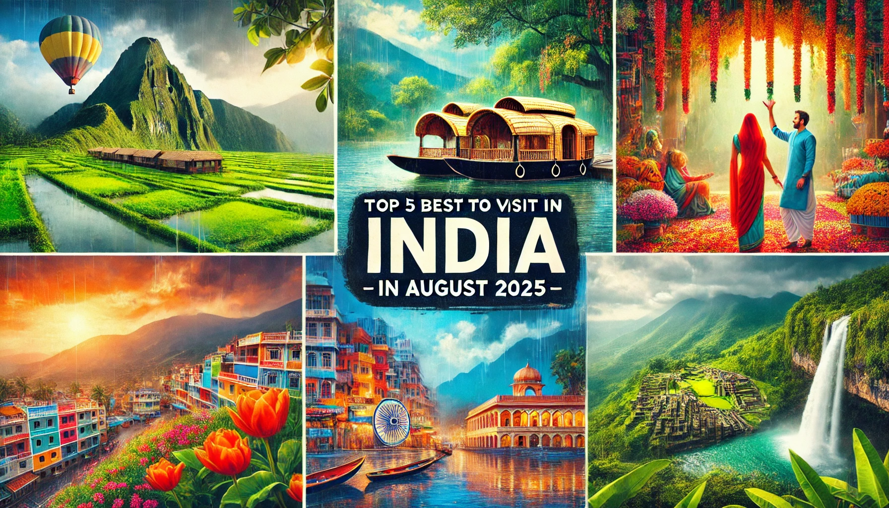 DALL·E 2025 07 23 13.24.48 A vibrant landscape oriented collage style image showing the top 5 travel destinations in India during August. Include lush green landscapes of Kerala