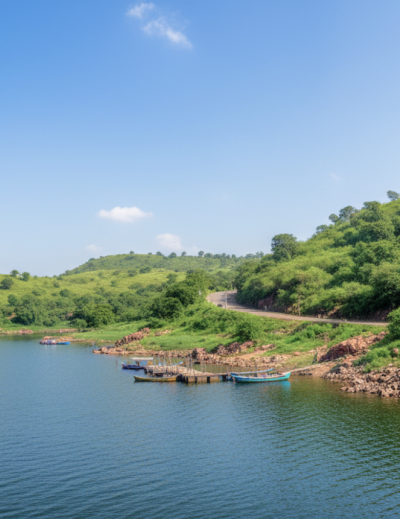 A calm blue lake surrounded by green hills with small boats docked near the shore, a scenic stop on a day Pune itinerary thumbnail
