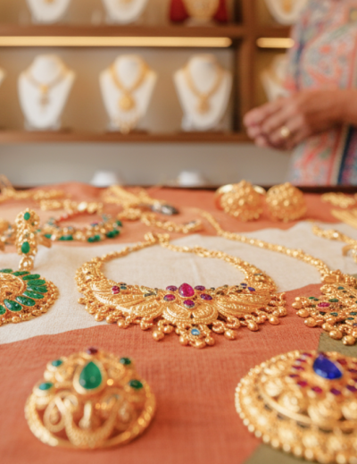 Traditional gold necklaces and earrings in a Kolkata jewelry shop