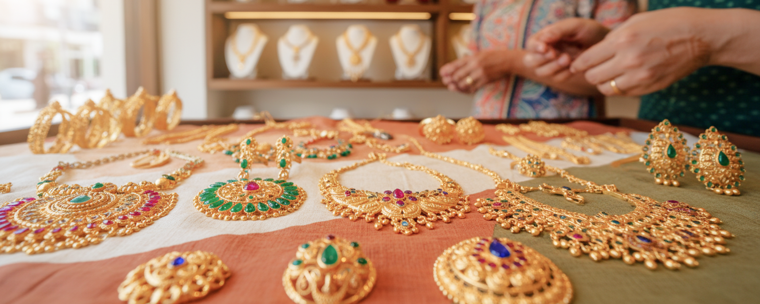 Traditional gold necklaces and earrings in a Kolkata jewelry shop