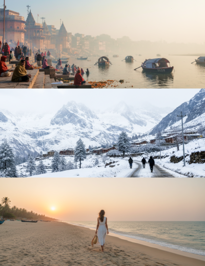 A collage of India travel in December scenes tiger safari, Taj Mahal in winter haze, Varanasi ghats, snowy Himalayas, and a serene beach sunset thumbnail