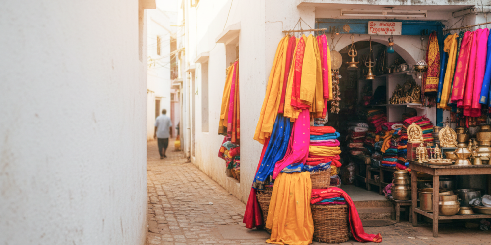 A colourful hidden shopping gem in Pondicherry — vibrant sarees and brass goods spilling out of a tiny stall tucked into a narrow whitewashed lane