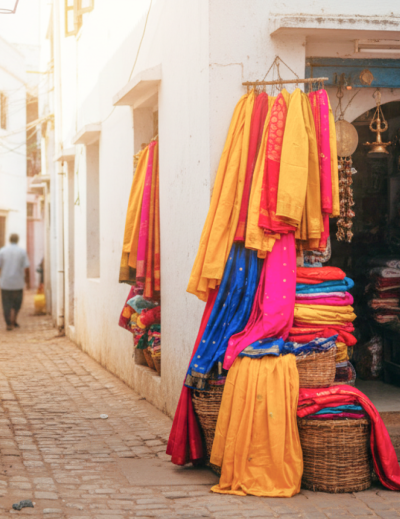 A colourful hidden shopping gem in Pondicherry — vibrant sarees and brass goods spilling out of a tiny stall tucked into a narrow whitewashed lane thumbnail