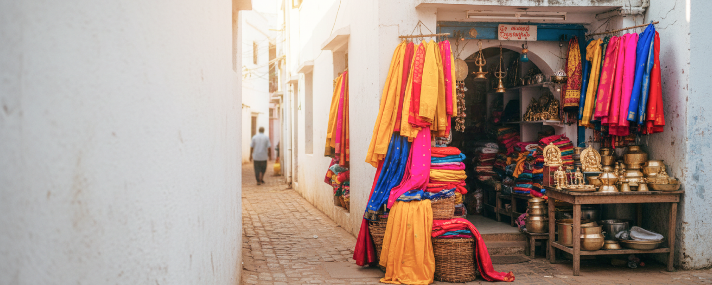 A colourful hidden shopping gem in Pondicherry — vibrant sarees and brass goods spilling out of a tiny stall tucked into a narrow whitewashed lane