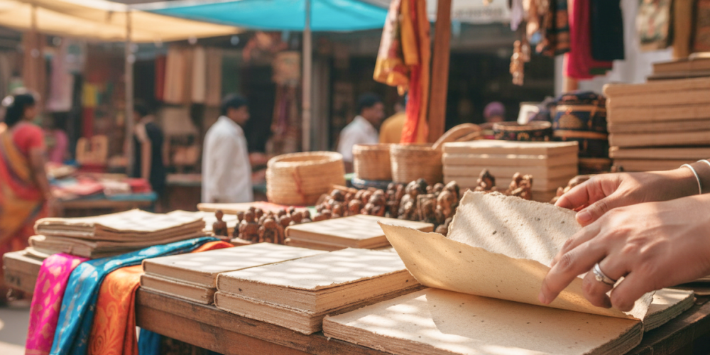 A shopper browsing handmade paper notebooks at a vibrant outdoor market stall in Pondicherry, India, with colourful sarees and craft goods visible in the background