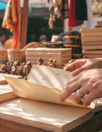 A shopper browsing handmade paper notebooks at a vibrant outdoor market stall in Pondicherry, India, with colourful sarees and craft goods visible in the background thumbnail