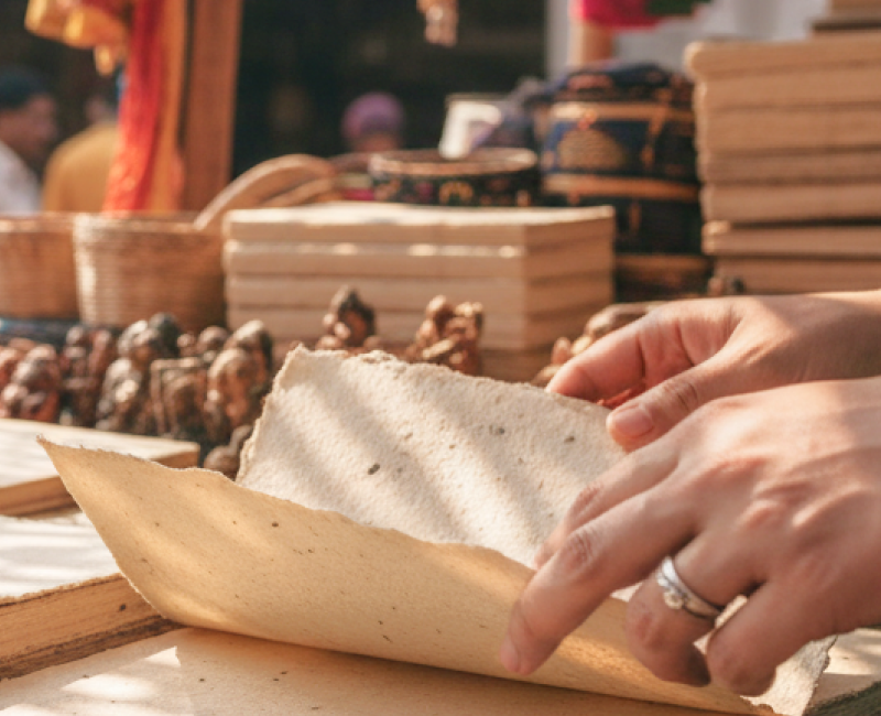 A shopper browsing handmade paper notebooks at a vibrant outdoor market stall in Pondicherry, India, with colourful sarees and craft goods visible in the background thumbnail