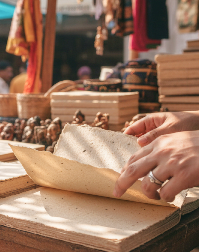 A shopper browsing handmade paper notebooks at a vibrant outdoor market stall in Pondicherry, India, with colourful sarees and craft goods visible in the background thumbnail