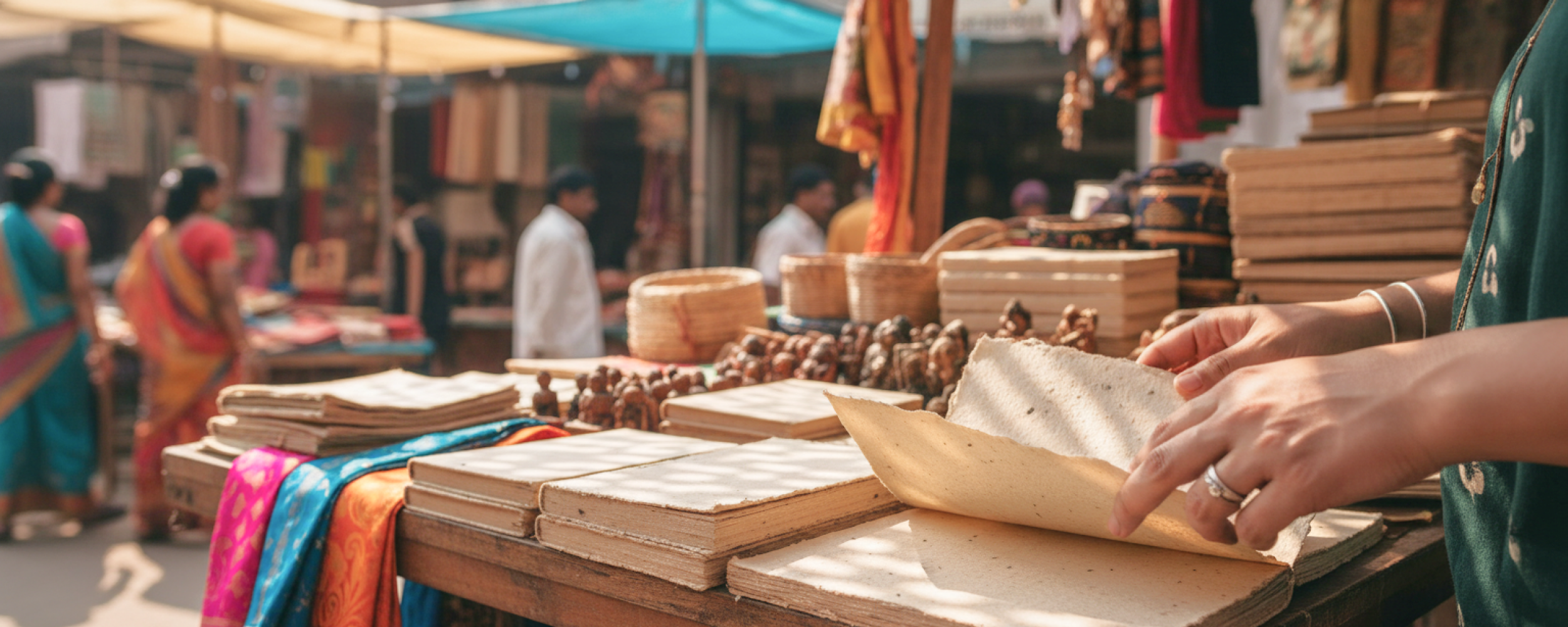 A shopper browsing handmade paper notebooks at a vibrant outdoor market stall in Pondicherry, India, with colourful sarees and craft goods visible in the background