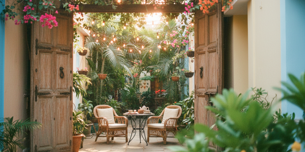 Best places to stay in Pondicherry — a charming boutique guesthouse courtyard with fairy lights, bougainvillea, and rattan chairs in the French Quarter