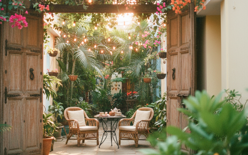 Best places to stay in Pondicherry — a charming boutique guesthouse courtyard with fairy lights, bougainvillea, and rattan chairs in the French Quarter